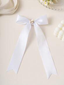 1pc Girls' Solid Satin Long Ribbon Hair Clip, Cute Bow Design With Pearls And Rhinestones, Suitable For All Seasons And Occasions - Multicolor - View 13