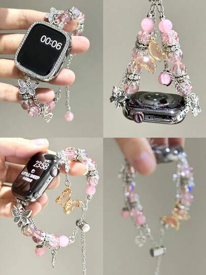 1 chiếc dây đeo đồng hồ nữ màu hồng ánh kim, mặt dây chuyền hình bướm tinh tế, đính đá và hạt cườm, phù hợp với các kích thước 38/40/41/44/45/49/42/46mm S11/SE3/Ultra3/Ultra/SE/SE2/10/9/8/7/6/5/4/3/2/1