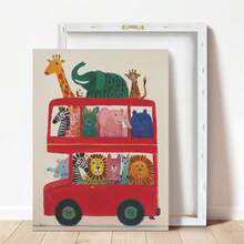 1幅帆布墙画，动物巴士主题儿童房墙画，野生动物园主题儿童房装饰，丛林主题儿童房装饰，红色伦敦巴士艺术印刷品，游戏室海报，婴儿房墙画，婴儿房装饰海报，幼儿园装饰 - 彩色 - 查看 3