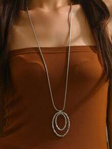 1pc Oval Pendant Necklace, Vintage Exaggerated Fashion Jewelry Accessory, Suitable For Women & Men Outdoor Wear & Daily Use - Hình bầu dục - Xem 3