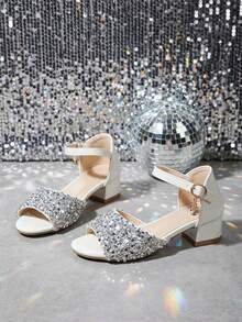1 Pair Girls' Silver Rhinestone & Glitter High Heel Sandals, Round Toe Casual White Heels With Pendant Buckle, Suitable For Parties, Birthday, Outings And Matching Outfits, Summer - Silver - View 5