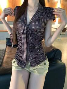 女士法式波点短袖露脐上衣，夏季 - 咖啡棕 - 查看 9