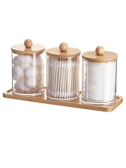 3 PiecesCotton Swab Box Set - Vanity Organizer Set, Includes Cotton Ball Box, Dental Floss Picks, Cotton Swab Dispenser Set, Tray, And Pill Dispenser With Lid.