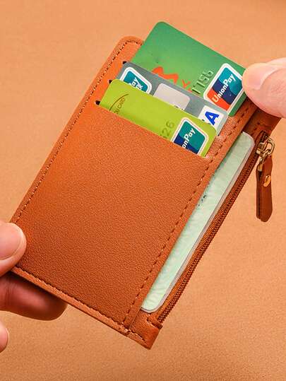 1 Ultra-Thin Card Bag Simple Solid Color Multi Slot Zipper Coin Purse Large Capacity ID Card Clip Suitable For Daily Use By Men And Women