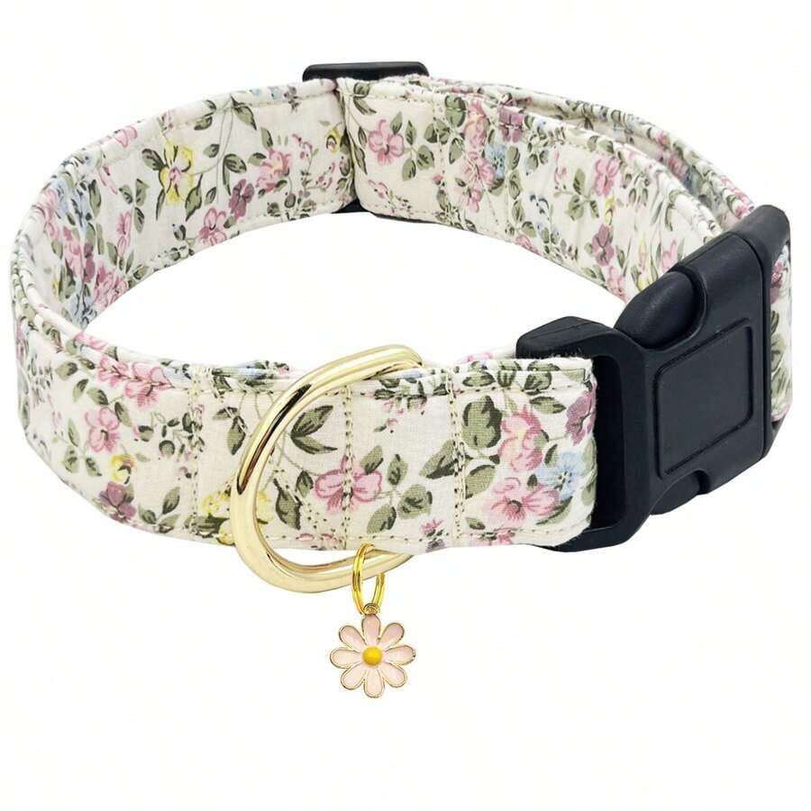 Soft & Comfortable Floral Print Pet Dog Collar With Flower Pendant, Adjustable & Washable Cute Dog Necklace - Màu Hồng baby - Xem 1