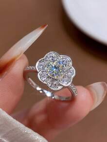Newsoul 1pc 1 Carat Moissanite & Diamond Flower Engagement/Wedding Ring, 925 Sterling Silver Luxury Jewelry, Valentine's Day Gift - Silver - View 2