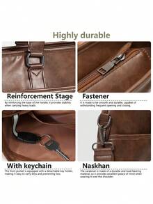 Men's Business Bag, Tote Briefcase With Large Capacity, 15.6-Inch Laptop Bag, Compatible With A4 And B4, Dual-Purpose Design, Job Application Bag, Men's Recruitment Bag, Leather, Waterproof, Briefcase With Shoulder Strap, Commuting Bag, Travel Bag, Brown/Navy - Multicolor - View 7