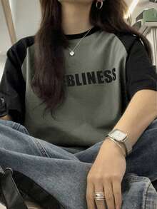 新款大码女装夏季时尚百搭休闲简约宽松舒适Y2K街头风英文字母印花撞色拼接短袖圆领针织T恤 - 黑灰色 - 查看 10