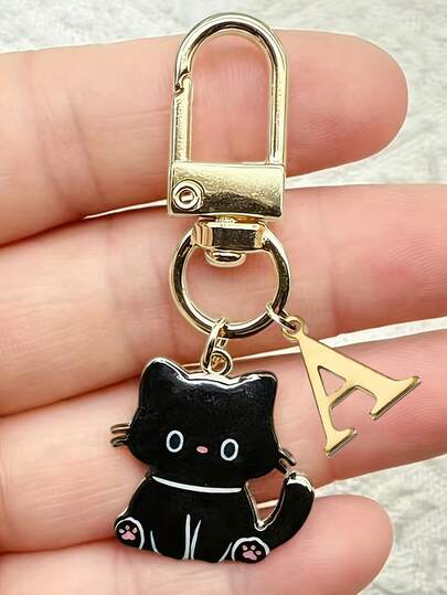 1pc Fun Kitten Keychain, Cute Black Cat A-Z Initial Keychain, Kitten Keyring With Gold Letter Charm, Kawaii Bag Accessory For Purse, Backpack & Car Keys, Vintage Style Creative Gift, Perfect For Easter Gift, Mother'S Day Present, Halloween, And Other Holidays, Ideal Personalized Gift For Family, Friends, Loved Ones, Cat Lovers & Women, Father'S Day