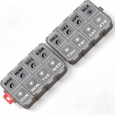 Weekly Pill Organizer, 2x Daily With 2 Extra Compartments - Etched Labels - Portable 7 Day AM/PM Pill Box, Foldable Travel Medication Case For Pills, Vitamins, Supplements, Transparent Gray