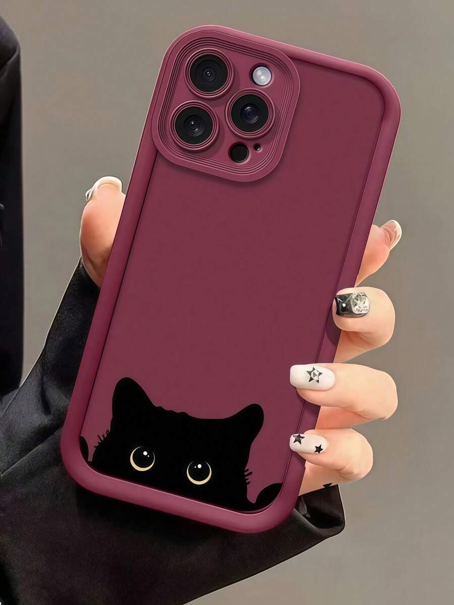 1pc Stair-Shaped Photo Frame Cute Black Cat Eye Phone Case Compatible With Apple 16/17 Pro Max, Full-Body Shockproof Protective Cover, Minimalist Design, Soft Cute Cartoon Style, Perfectly Protects Your Phone, Suitable For Honor X7/Galaxy A56 5G/ Smart 8/ Hot 40/Transsion Spark 30C/Spark Go 2024/ Note 14 5G/ Moto E22/E22i/ A54,International Version, Not The Domestic Version - Burgundy - View 1