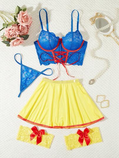 5pcs Women's Sexy Lace Contrast Color Strap Lingerie Set, Summer