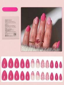 24pcs Medium Almond Shaped Nail Stickers, White French Pointed Tip, Floral Pattern, Fashionable Full Coverage, Suitable For Women & Girls Daily Wear, Summer Nail Art Nails Nail Supplies - 粉色 - 查看 3