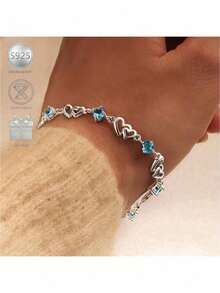 Minimalist Fashion 925 Silver Zirconia Heart-Shaped Geometric Bracelet, Suitable For Women To Wear On Vacation, Parties And Music Festivals - Silver - View 4