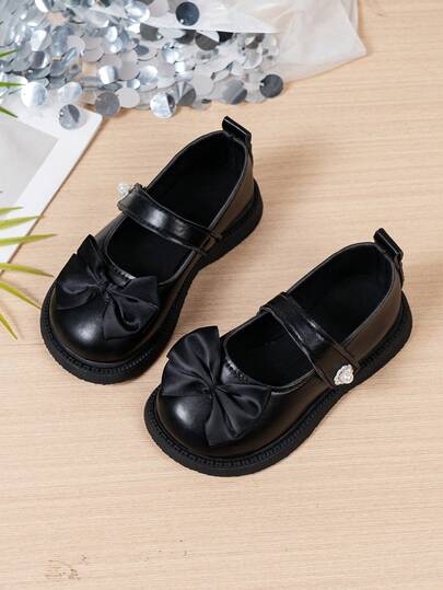 Kids Black Platform Mary Jane Shoes, Big Bow + Pearl Buckle, Suitable For School Performance And Daily Wear, Blending Academic Style And Princess Vibe
