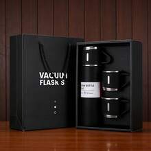 500ml Stainless Steel Vacuum Insulated Bottle Gift Set With 2 Cups, 12H Hot/24H Cold, Leak-Proof, Ideal Gift For Men & Women - 黑色高級禮盒 - 查看 4