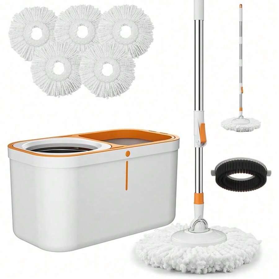 Spin Mop Bucket With Wringer System Extended Mop Handle 61"Mop And Bucket For Floors Cleaning With 5 Replacement Head Refill 1 Cleaning Brush Head - Bộ chổi lau xoay - Xem 1