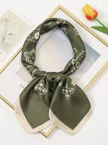 1pc 70*70cm Square Silk Scarf, Women's Satin Printed Headscarf, Neckerchief, Headband, Fashion Ladies Shawl, Scarf - Green - View 4