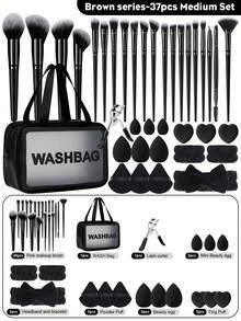 37PCS Makeup Tools Set Including:20PCS Makeup Brush Set+3PCS Makeup Sponges+3PCS Triangle Powder Puffs+3PCS Mini Air Cushion Powder Puffs+3PCS Mini Makeup Sponges+1pc Eyelash Curler+1pc Hairband+2PCS Hand Bowl Strap+1pc Multi-Functional Zipper Toiletry And Cosmetic Bag Waterproof - Multicolor - View 12