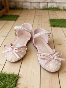 Girls' Party Shoes With Pearl Bow Detail And Ankle Strap, Elegant Girls' Outfit - Pink - View 4