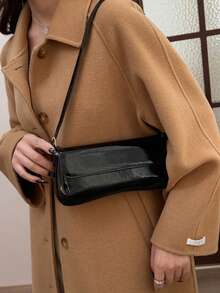 New Fashionable Minimalist Flap One Shoulder Bag, High-Gloss Underarm Bag, Minimalist Commuter Handbag For Women - Black - View 4