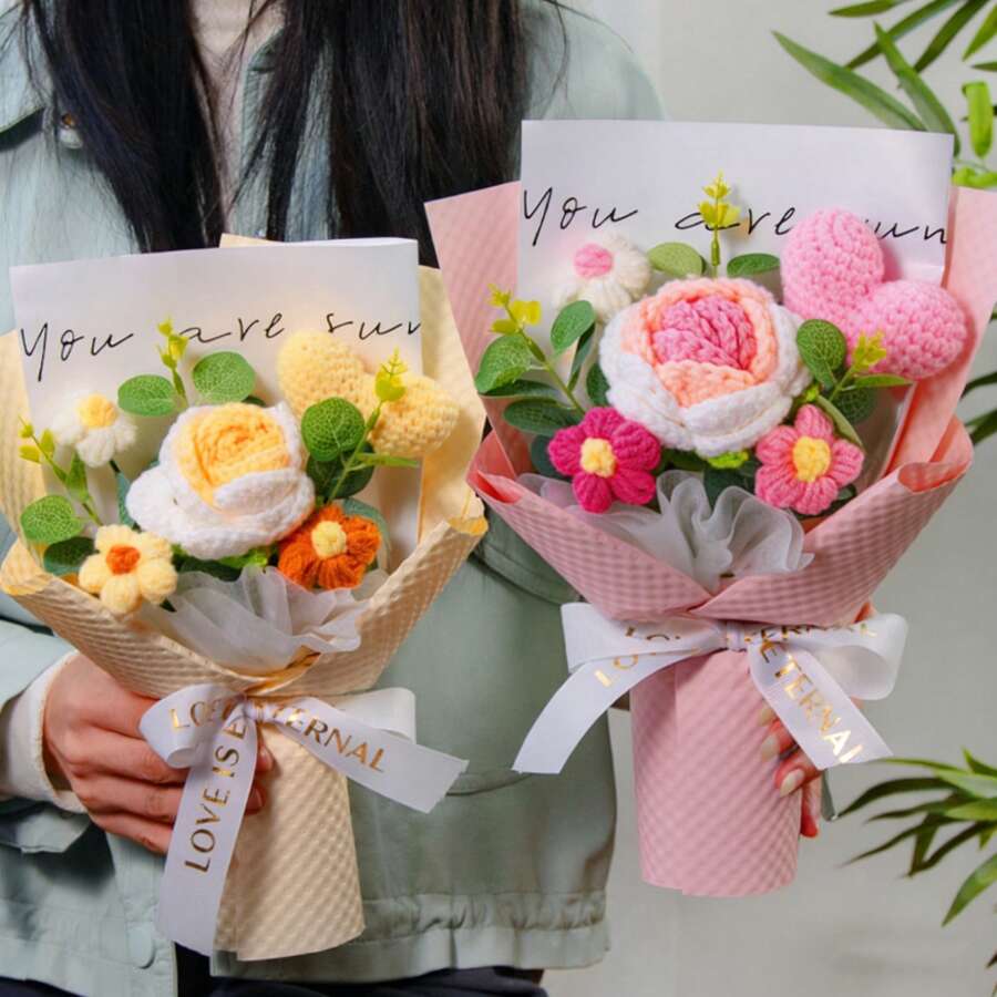 kumozawa 1束鉤編玫瑰花，鉤編心形毛線花束，2026畢業裝飾，畢業禮物，派對裝飾，2026生日，給同學、老師、朋友和親戚的婚禮禮物，鉤編畢業花束，手工鉤編花束，給女性的浪漫畢業禮物，婚禮週年生日禮物 - 查看 1
