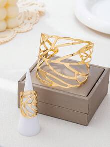 2pcs Fashionable & Elegant Minimalist Metal Hollow Leaf Design Adjustable Bracelet & Ring Jewelry Set For Women - Yellow Gold - View 2