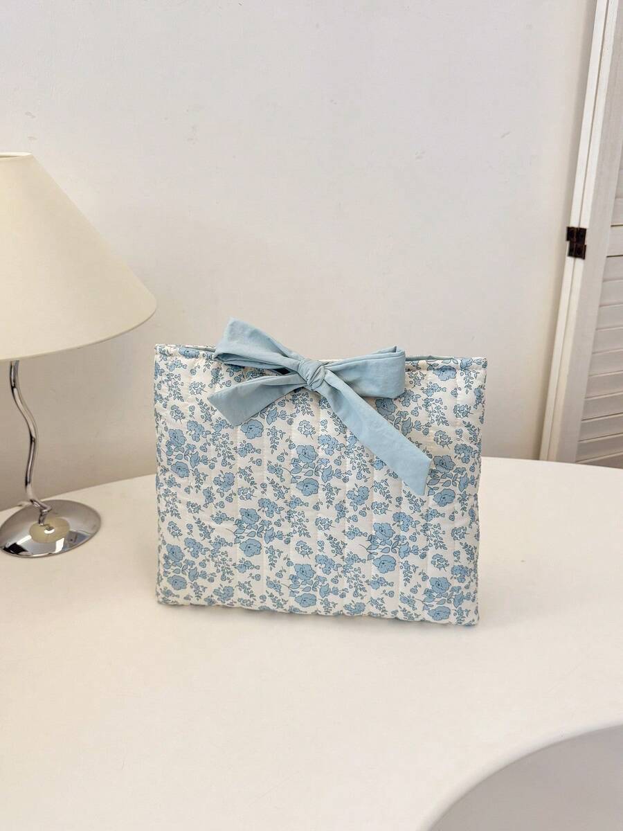 Bolsa de cosméticos con diseño de lazo y estampado floral, de gran capacidad y diseño multiusos - Celeste - Ver 1