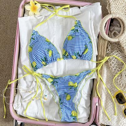 2026 热带印花荷叶边系带比基尼两件套泳衣，夏季度假