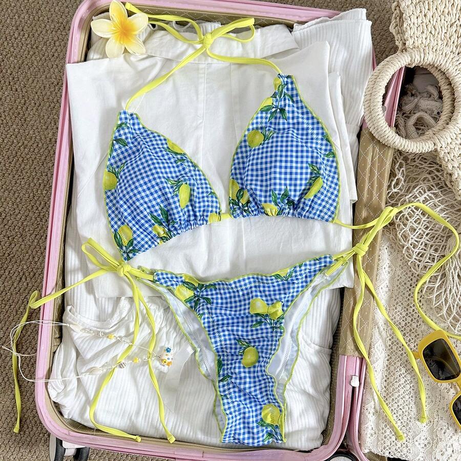2026 热带印花荷叶边系带比基尼两件套泳衣，夏季海滩度假 - 彩色 - 查看 1