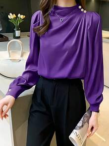 Women's Casual Lightweight Commuter Shirt With Mandarin Collar, Pleated Design, Princess Sleeve, Long Sleeve, Suitable For Spring And Autumn - Purple - View 7