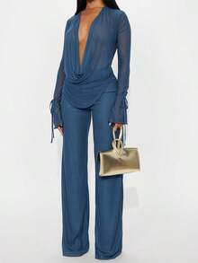 Women's Sexy Deep V-Neck Semi-Sheer Drawstring Long Sleeve Top And Wide Leg Pants 2 Pieces Set, Medium Stretch - Blue - View 2