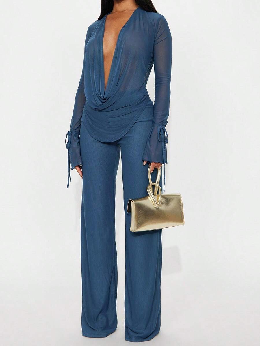Women's Sexy Deep V-Neck Semi-Sheer Drawstring Long Sleeve Top And Wide Leg Pants 2 Pieces Set, Medium Stretch