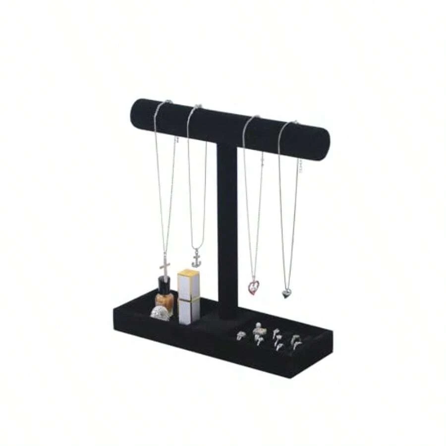 Multi-Use Jewelry Holder Stand Necklace Bracelet Ring Organizer Stand Scrunchie Watches Velvet Jewelry Holder Stand With Tray For Women Home Use Black Color - 黑色 - 查看 1
