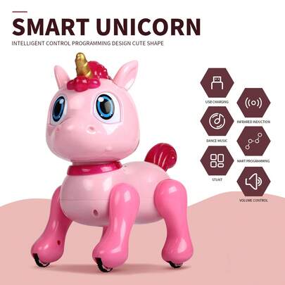 SAMEWIN 1 pieza Figura decorativa de unicornio con batería de litio de 500mAh, con funciones de avanzar, hacer pino, voltereta hacia atrás, acostarse, cantar, bailar, control de volumen y programable