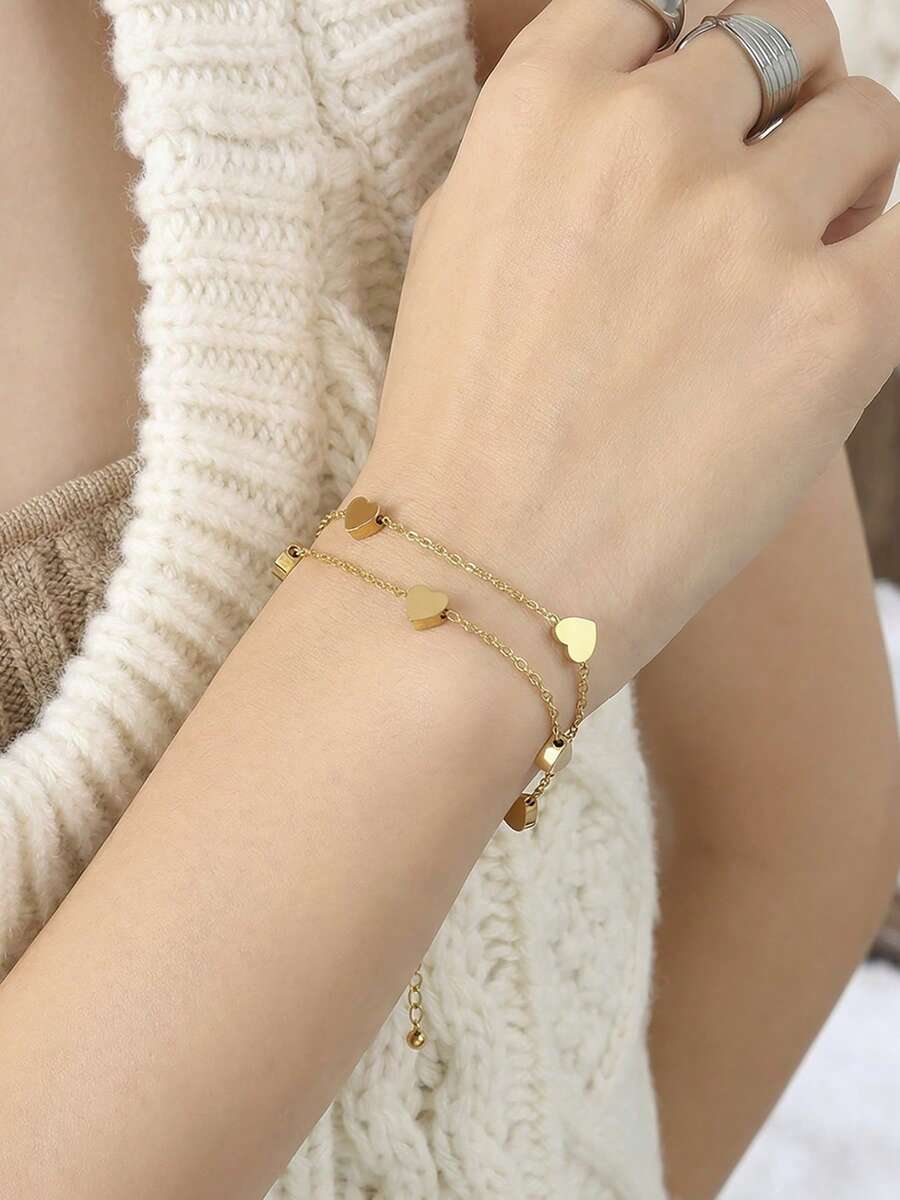 1pc Double-Layer Heart Chain | Tarnish-Resistant Gold Plating | Sweet Blogger Style Bracelet, Suitable As Gift For Girlfriends/Couples - Double Heart Bracelet - View 1