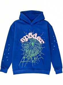 Autumn/Winter Y2K Clothing: Street-Style Hip-Hop Style Foam Spider Web Hooded Sweatshirt, Fashionable Sporty Hoodie. - 藍色 - 查看 1