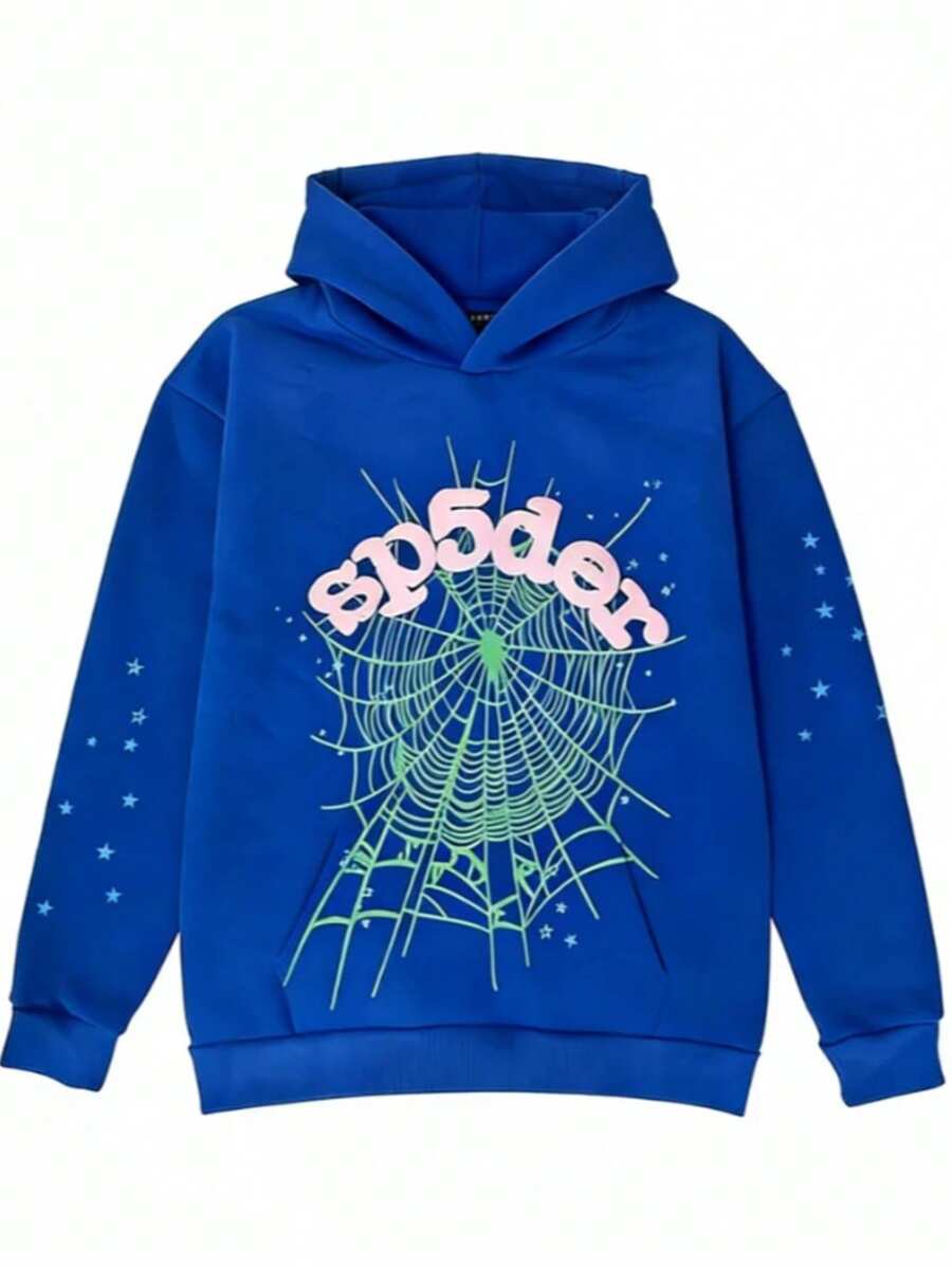 Autumn/Winter Y2K Clothing: Street-Style Hip-Hop Style Foam Spider Web Hooded Sweatshirt, Fashionable Sporty Hoodie. - 藍色 - 查看 1