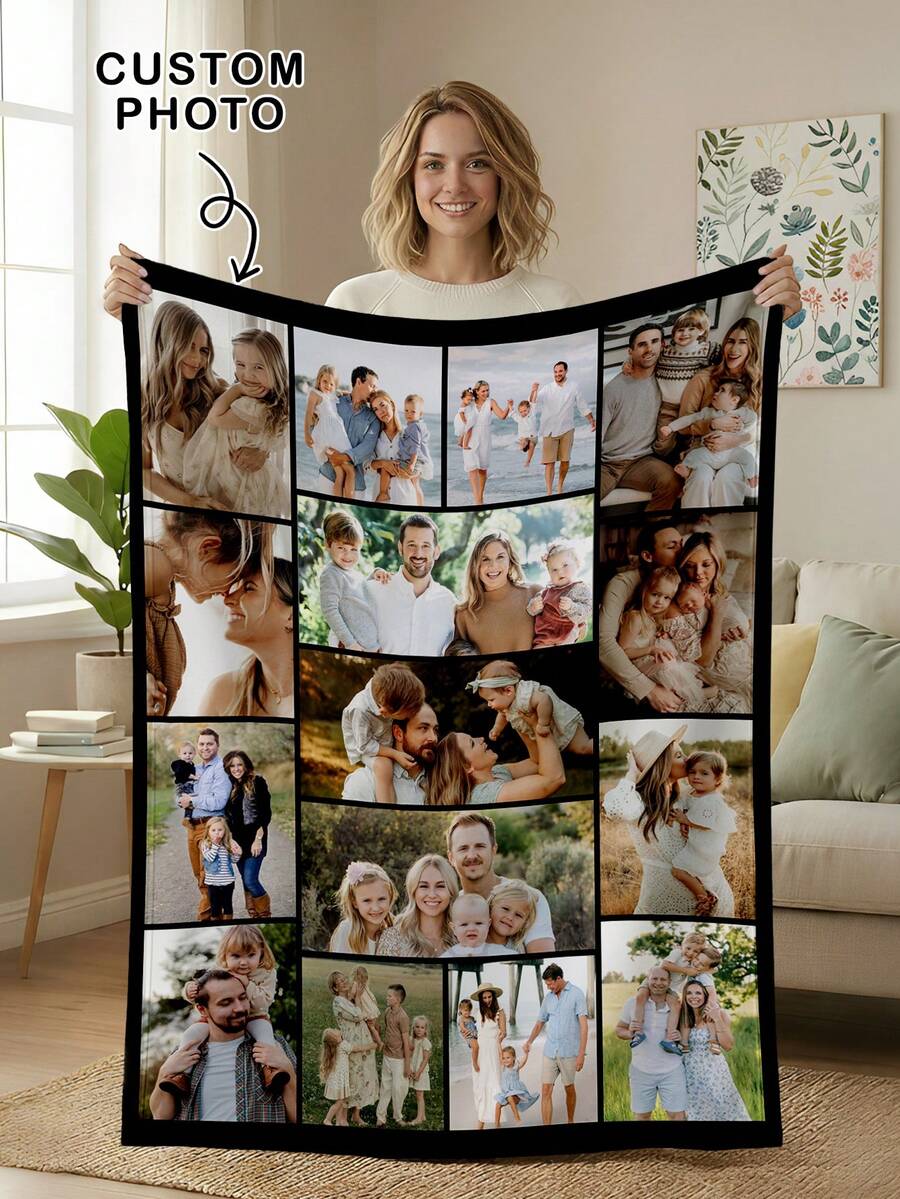1pc Customized Photo Blanket, Personalized Photo Memory Blanket For Bedding Sofa Indoor Outdoor, Washable Lightweight Breathable, Custom Photo Collage Gift - Style 1 - View 1