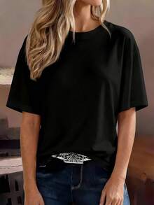 Women's Loose Crew Neck T-Shirt, All-Match Solid Color Short Sleeve Top, Soft & Breathable, Versatile For Daily Wear & Commute Casual Black Summer - Black - View 3