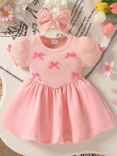 Cute Baby Girls Clothes,Casual,Fashion,Soft,Comfortable,Bow-Decorated Puff Sleeve Simple Princess Tutu Skirt And Headband Set,Baby Girl Dresses,Toddler Girls Clothes,Suitable Summer For Everyday Wear,Vacations,Parties,Photograph,Outdoor Activities
