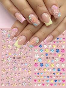 2片装5D立体浮雕彩色花卉美甲贴纸，梦幻绽放花朵和心形3D立体美甲贴花，女士DIY美甲装饰，春夏款 - 彩色 - 查看 11