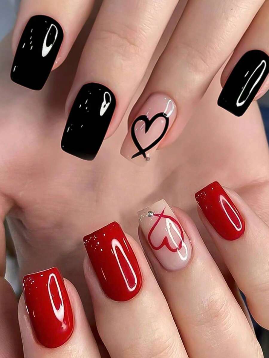 24pcs Short Square Black Heart Nail Stickers, Acrylic Material With Rhinestone Design, Perfect Fit, Black Nail Art Set Includes: 1pc Gel Polish And 1pc Nail File, Suitable For Valentine's Day, Daily Wear For Women And Girls, Also Suitable For Valentine's Day Party Press On Nails - Black - View 1