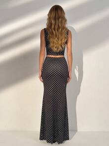 女士优雅黑色波点印花立领吊带背心+修身超长裙两件套，春夏休闲度假装 - 黑色 - 查看 2