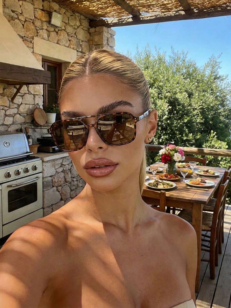 男女通用豹纹复古方形飞行员太阳镜，铆钉装饰，经典时尚，防紫外线，夏季度假必备，适合海滩旅行、驾驶和日常佩戴 - 彩色 - 查看 1