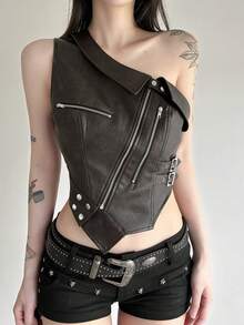 Women's Punk Asymmetric Zipper Design Metal Buckle Crop Top - Grey - View 5