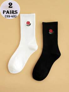 2 Pairs Rose Embroidery Retro Style Moisture-Wicking Breathable Crew Socks, Suitable For Campus, Daily Wear, Unisex - Black and White - View 11