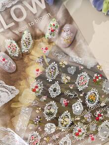 1 Pc 5D Fresh Style Lace Nail Stickers, Embossed Spring Forest Series Lace Bouquet Nail Decals, European Style White Lace Nail Art Decorations - Multicolor - View 4