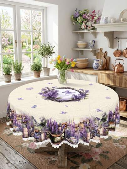 Set de față de masă rustică cu imprimeu floral lavandă, floarea-soarelui și trandafir roz, cu dantelă, decor din poliester cu tematică de primăvară și Ziua Mamei, husă de masă rezistentă la apă și pete pentru sufragerie în bucătărie, brunch de primăvară și articole pentru petreceri de Ziua Mamei