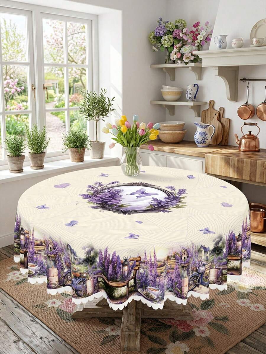 1 Set de Mantel Estilo Campestre con Diseño Floral, Mantel con Estampado de Lavanda, Girasol y Rosa Rosa con Ribete de Encaje, Adecuado para Decoración Temática de Primavera y Día de la Madre, Mantel Impermeable y Resistente a las Manchas para Cocina, Comedor, Brunch de Primavera y Fiesta del Día de la Madre - Multicolor - Ver 1